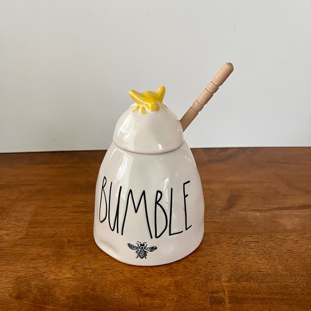 Rae Dunn BUMBLE Ceramic Honey Jar w/ Wooden Dipper Yellow Bee Lid